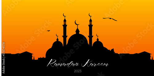 Eid al Adha Mubarak islamic greeting card design with domed mosque silhouette at sunset. Background vector illustration EPS 10