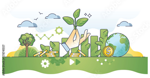 Impact investing and nature friendly or sustainable funding outline concept. Ethical business model with green and environmental goal vector illustration. Financial profit with ecological project.