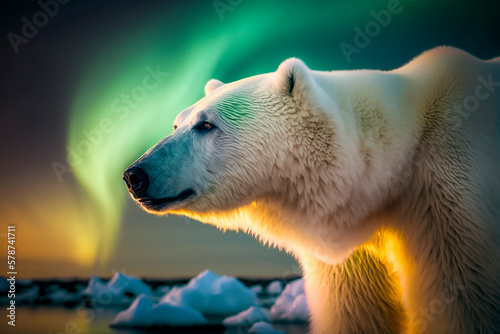 A large polar bear close-up in the Arctic at the North Pole in the snow against a background of green northern lights in the sky with stars, polar night. Generative AI