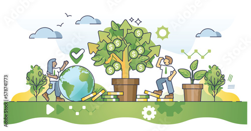 Impact investing or fund on green and sustainable projects outline concept. Grow money tree with successful financial projects vector illustration. Ecological and nature friendly business company. #578741773