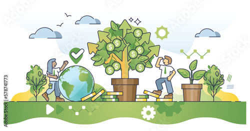 Impact investing or fund on green and sustainable projects outline concept. Grow money tree with successful financial projects vector illustration. Ecological and nature friendly business company.