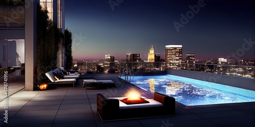 Luxury penthouse apartment terrace with pool overlooking los Angeles skyline, generative AI