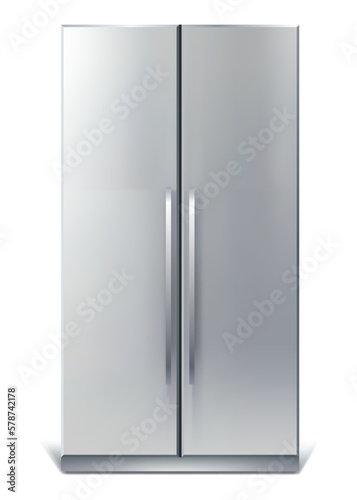 Gray vertical fridge for preserve food. Silver refrigerator with two doors. Modern cooler for home, products storage