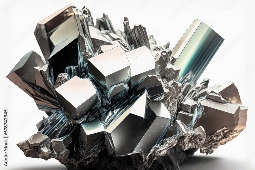 Close up photograph of nickel metal ore crystals against a white background. Rough mineral with a stunning sheen, captured in close up. Generative AI Close up photograph of nickel metal ore crystals against a white background. Rough mineral with a stunning sheen, captured in close up. Generative AI