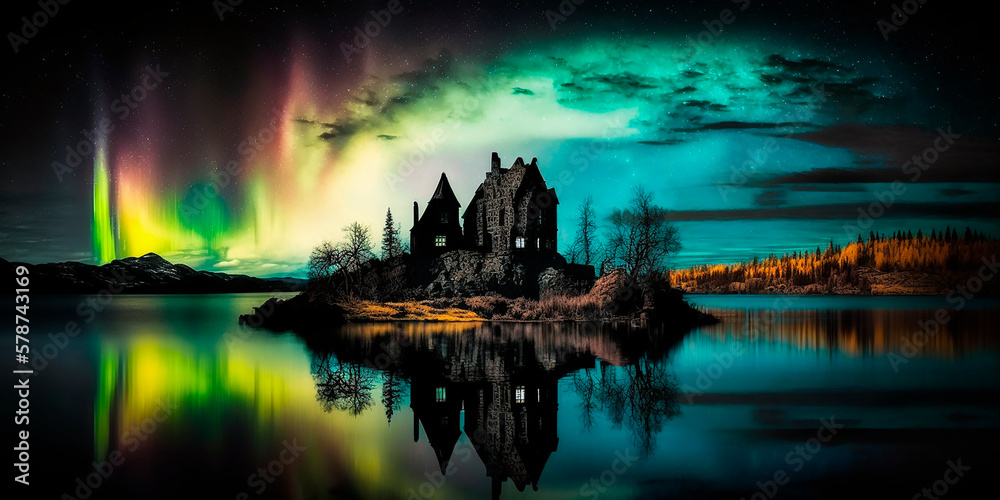 Fototapeta premium The old castle at night in the distance in the light of the moon and the northern lights, a magical dark palace. Generative AI