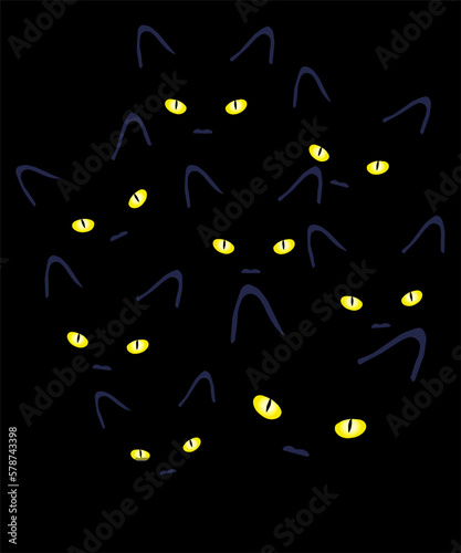 The yellow eyes of seven black cats glow in the dark in this vector illustration.