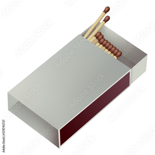 Opened matchbox. Sulphur and wooden sticks lying in open case. Top view and isometric projection vector illustration isolated on white background