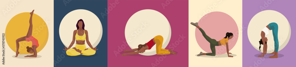 5 black girls in circles doiing yoga exercise sport in different poses on blue pink light brown backgrounds for banners, cards, flyers
