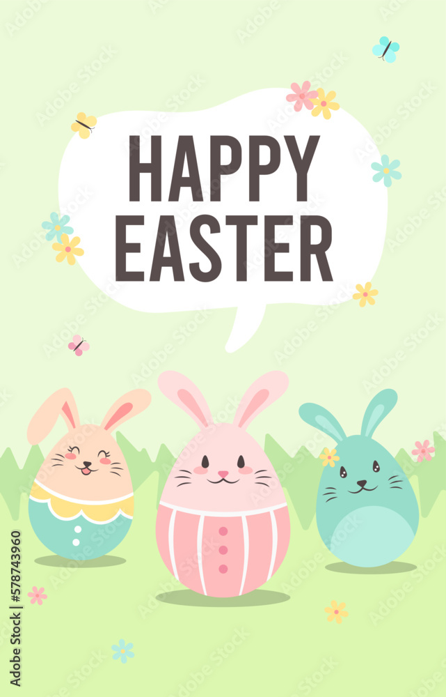 Happy Easter Good Friday theme illustration. Easter bunny eggs, flower decoration cartoon talking speech bubble in green field background. Happy Easter Good Friday theme illustration. Easter bunny eggs, flower decoration cartoon talking speech bubble in green field background.