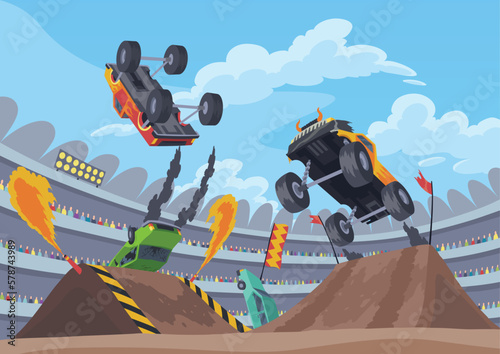 Jumping monster truck show. Bright colorful cartoon auto with big wheels. Car with large tires for rally 4x4 computer or mobile game. Vector cartoon illustration