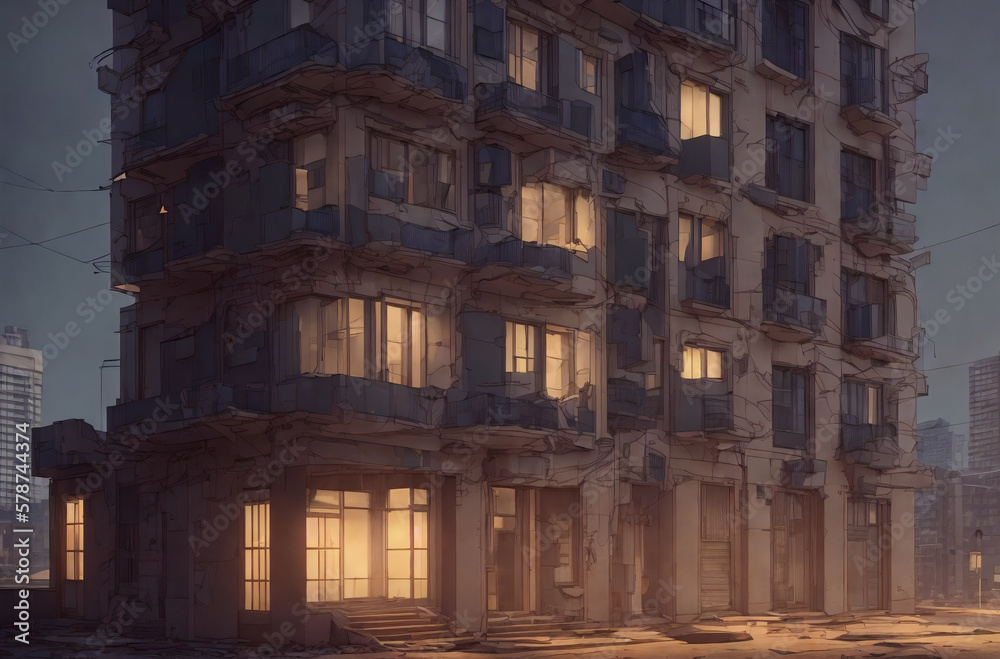 Fototapeta premium Residential multi-storey building in abstract style. High - rise dwelling on city street at night. Generative AI.