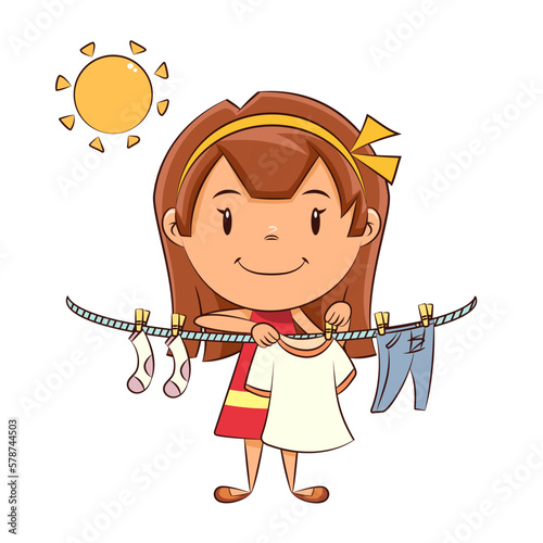 Girl hanging clothes, child, help, housework, chores