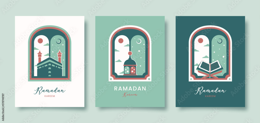 Ramadan Kareem. Set of Islamic greeting card with Kaaba, Quran, lantern. Vector holiday illustration in green colors for greeting card, poster and banner. Ramadan Kareem. Set of Islamic greeting card with Kaaba, Quran, lantern. Vector holiday illustration in green colors for greeting card, poster and banner.