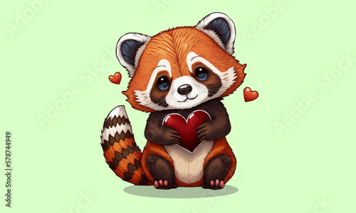 Cute baby Red Panda loves heart Valentine cartoon Lesser panda, red cat bear, firefox, fox bear, Himalayan raccoon