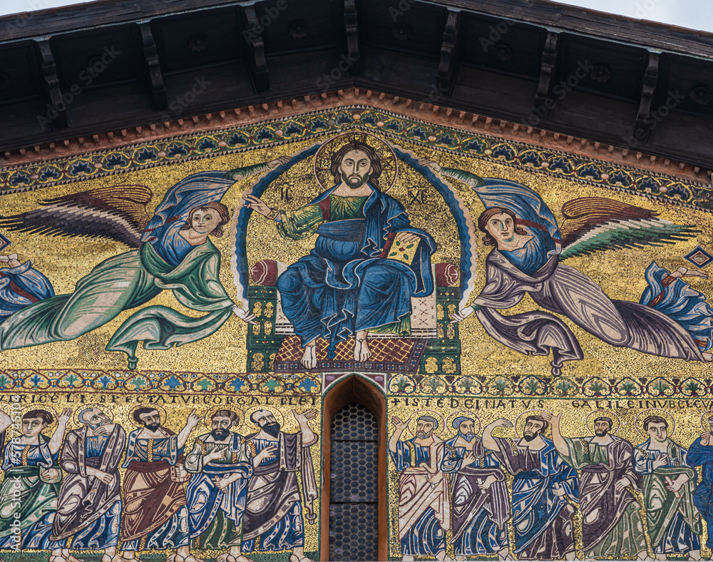 The mosaic on the facade of the Basilica of San Frediano (13th century) - Lucca city in the Tuscany region, central italy, Europe