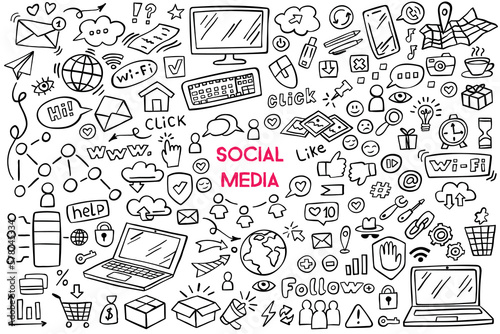 Set of social media doodle on white background. Social media design elements. Internet doodles. Vector illustration.