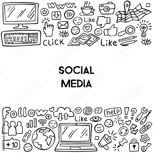 Banner of social media doodle on white background. Internet doodles. Vector illustration.