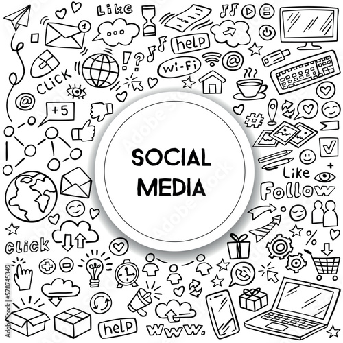 Banner of social media doodle on white background. Internet doodles. Vector illustration.