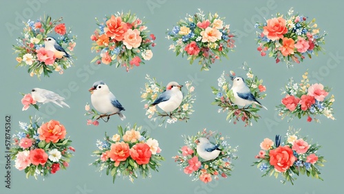 Flowers  roses  birds  watercolor elements for scrapbooking. Generative AI
