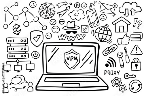 Set of proxy server doodle on white background. Web doodle, VPN server design elements. Internet doodles. Vector illustration.