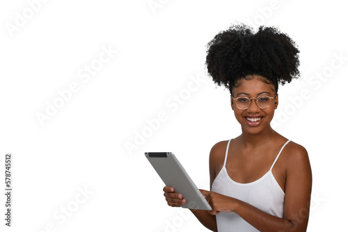  woman with a tablet computer, smiling looks at the camera