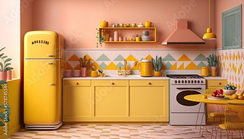A bright and cheerful kitchen with a retro-inspired design. The room features a colorful tiled backsplash and vintage appliances. The walls are painted in a sunny yellow color, generative ai © 3D Station