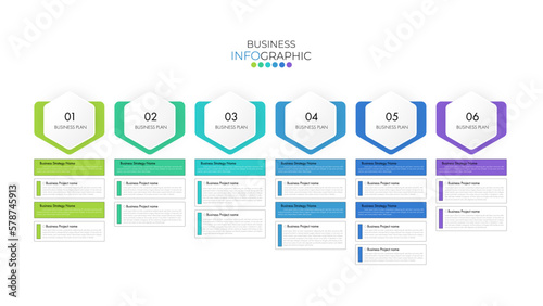 Modern infographic Timeline template or project plan can be used for workflow layout, diagram, number options, web design. Infographic business concept with 6 options, parts, steps or processes.