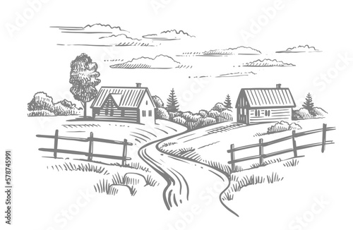 Village houses sketch. Rural landscape countryside.