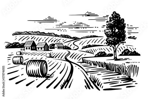 Village houses sketch and nature. Rural landscape countryside