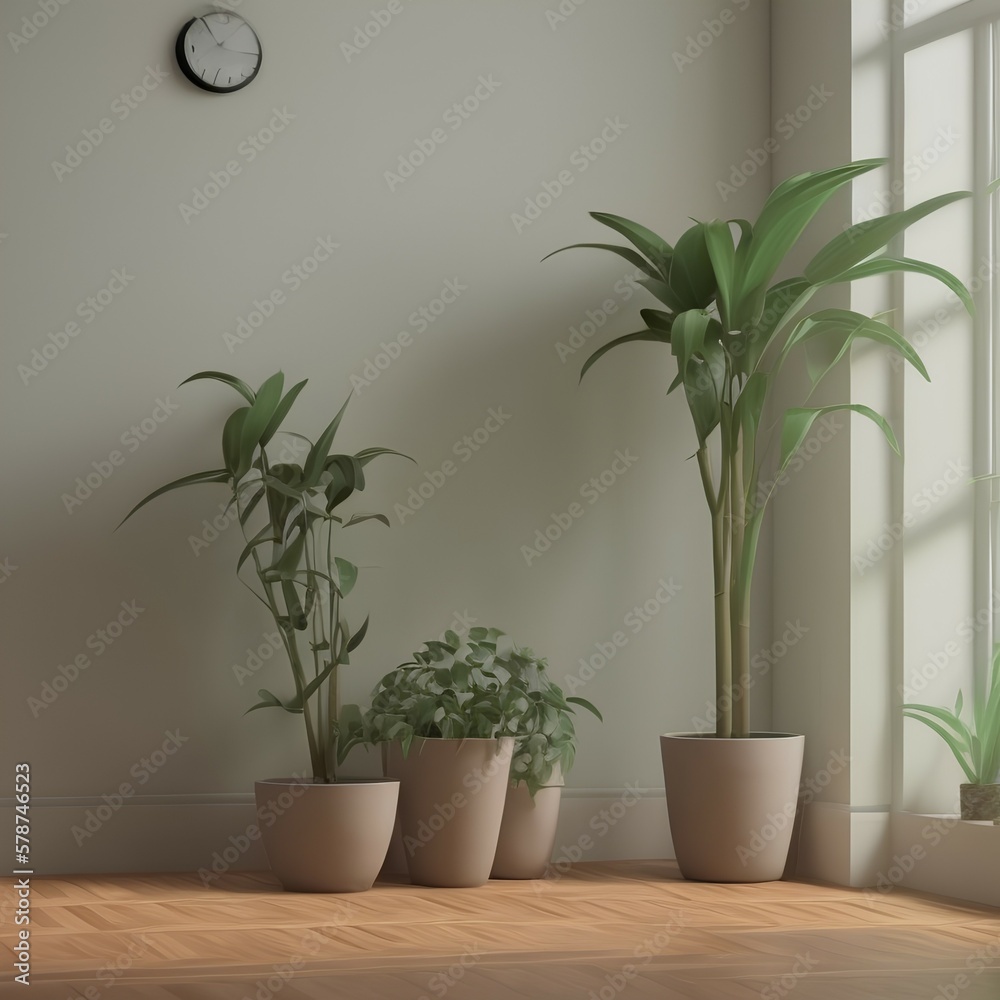 3D rendering of modern empty room interior .Plant pot. Parquet floor 8k - generative ai 3D rendering of modern empty room interior .Plant pot. Parquet floor 8k - generative ai