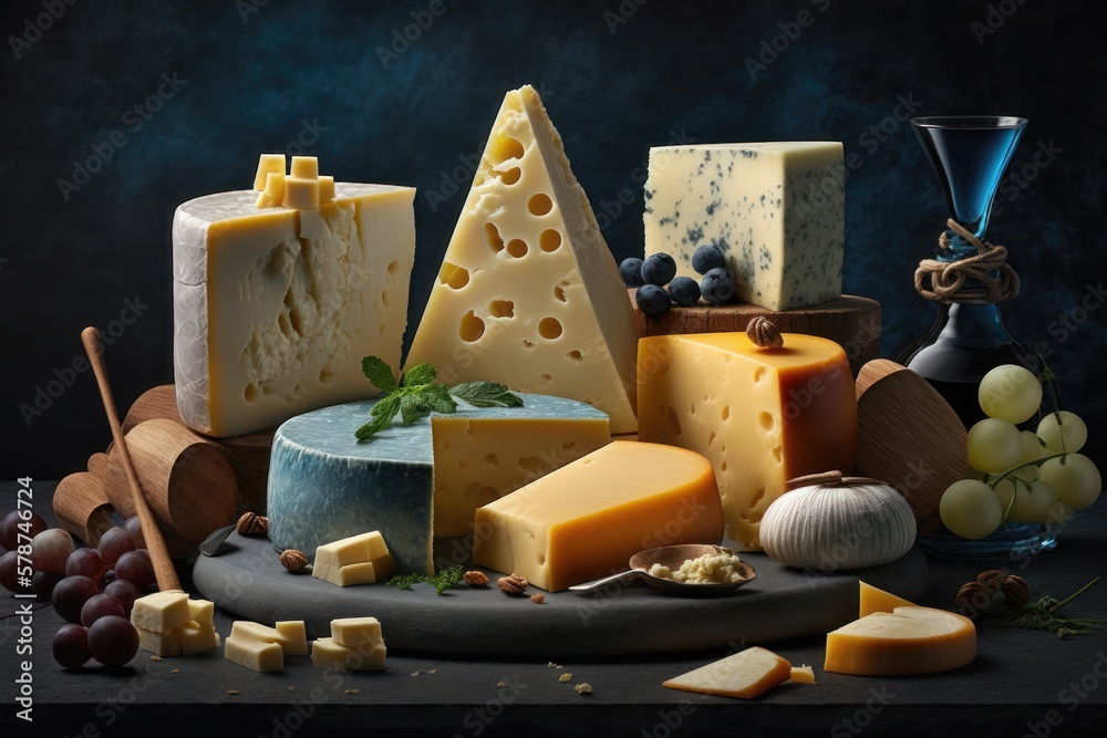 Assortment of various types of cheese on wooden board. AI Generation