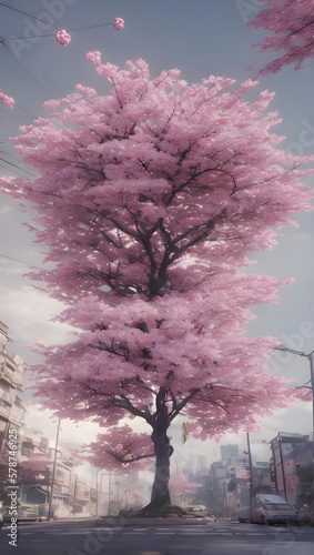 Beautiful Sakura Cherry Blossom Tree in the middle of the Street Scenery Background