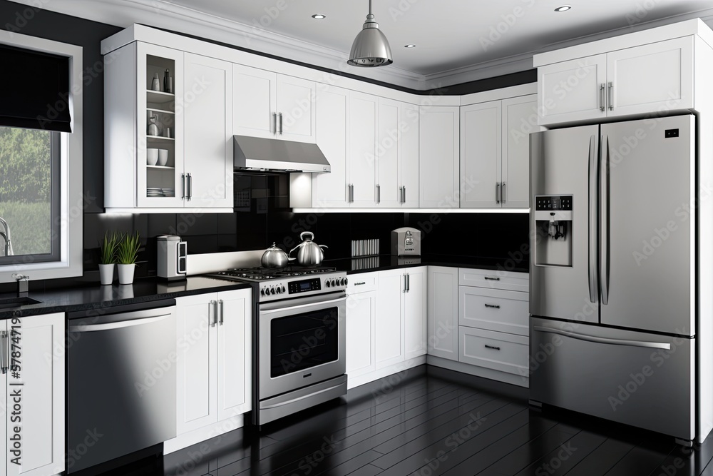 Fototapeta premium Modern kitchen with a sleek design. There are white cabinets and black countertops. The appliances are stainless generative ai