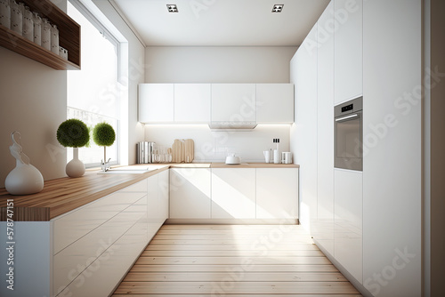 Minimalist modern white kitchen with wooden floor. Natural light. interior design. Ai generative