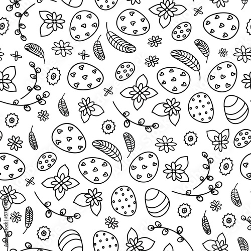 Linear pattern of Easter eggs and flowers and pussy willow