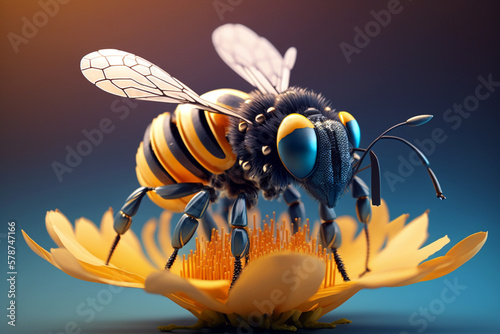 Bee - robot. Artificial bee pollinating a flower. The concept of the future, a world without bees, a global food crisis, hunger. AI illustration, digital fantasy, artificial intelligence artwork