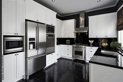 Modern kitchen with a sleek design. There are white cabinets and black countertops. The appliances are stainless generative ai