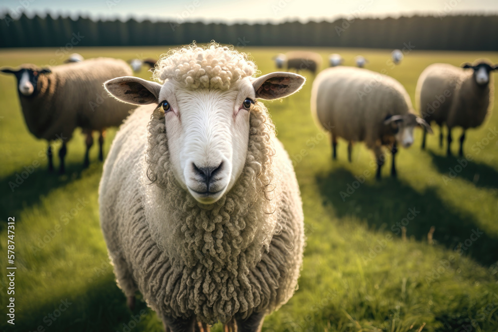 Sheep graze the pastures in mountain. Herd of sheep and lambs grazing grass on cloudy day. AI Generation Sheep graze the pastures in mountain. Herd of sheep and lambs grazing grass on cloudy day. AI Generation