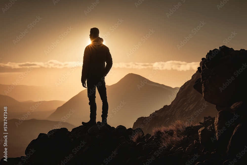 Fototapeta premium A man standing on top of a mountain as the sun sets. Goals and achievements concept. AI Generation