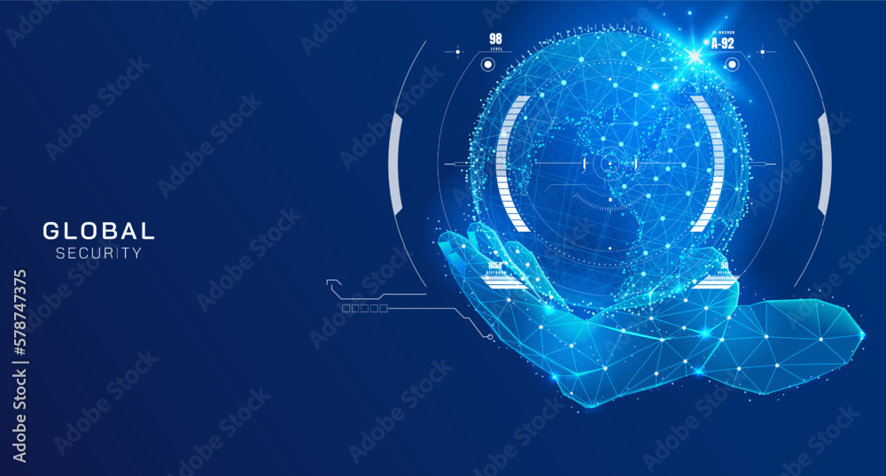 Abstract global network connection with low poly hand turn the palm up protection vector. Hud UI screen security system technology illustration.