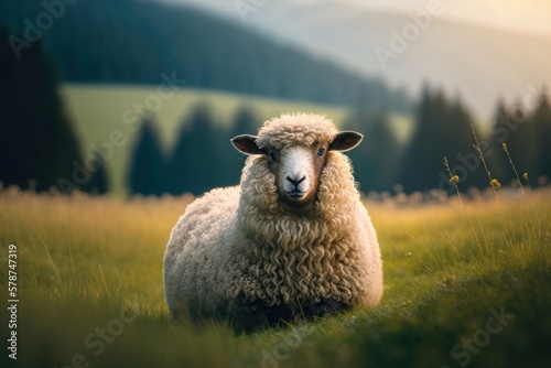 Sheep graze the pastures in mountain. Herd of sheep and lambs grazing grass on cloudy day. AI Generation