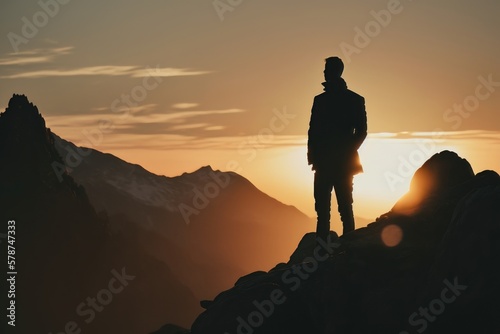 A man standing on top of a mountain as the sun sets. Goals and achievements concept. AI Generation