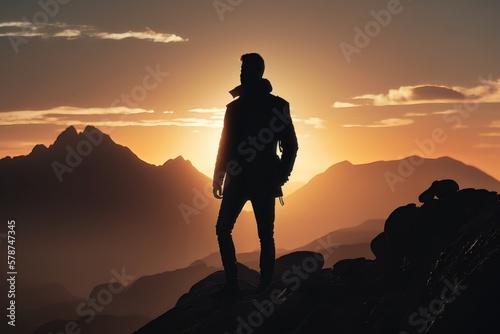 A man standing on top of a mountain as the sun sets. Goals and achievements concept. AI Generation