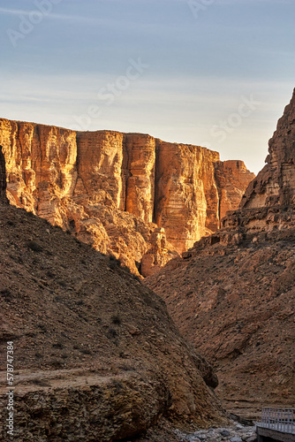 Landscape view of the Wadi Rum desert in Jordan at sunset