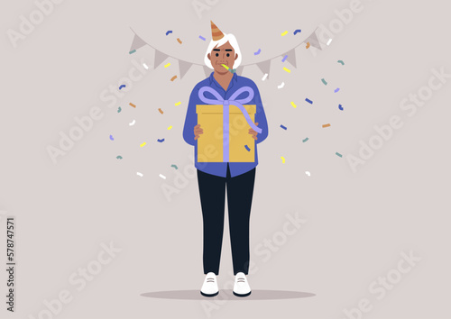 A senior female character wearing a party cone hat, a birthday celebration, confetti and garlands hanging