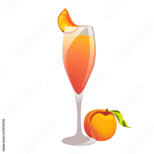 Bellini cocktail. Refreshing summer alcoholic drink with a piece of peach. Prosecco and peach nectar cocktail.