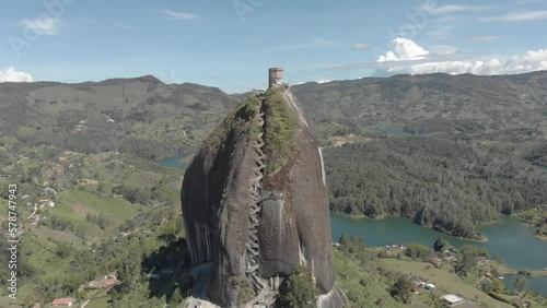 aerial view drone of Peñol Peñon rock in Guatapé with stairway landscape in andes lake and mountain in Colombia photo