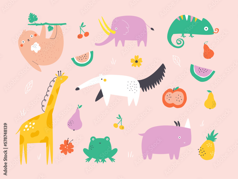 Colorful set of tropical animals and juicy fruits