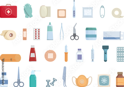 Car first aid kit icons set cartoon vector. Hospital box. Medicine ambulance