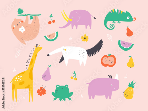 Colorful set of tropical animals and juicy fruits